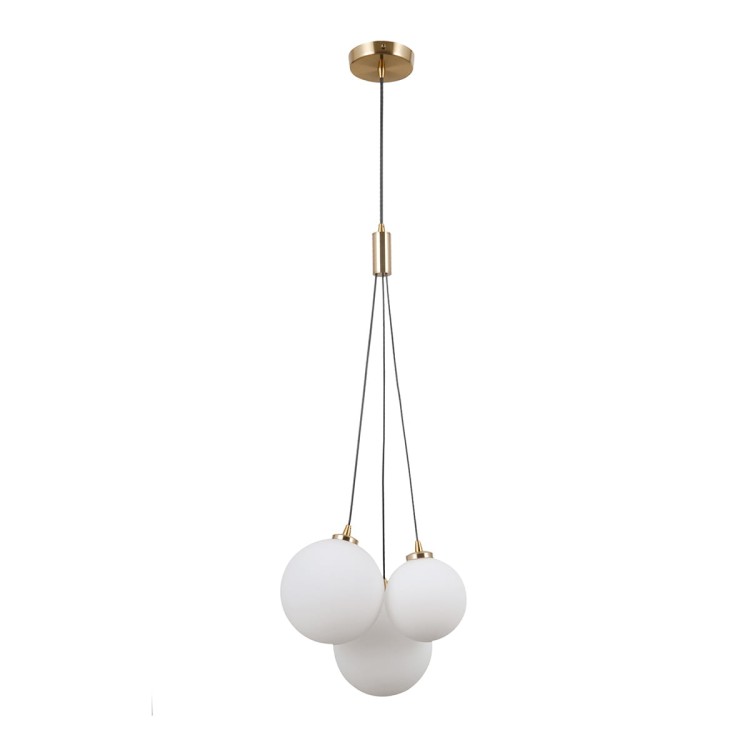 Lampa sufitowa PERLOS 3xG9 mosiądz miodowy Italux łączy elegancję i nowoczesność. Metalowa konstrukcja z mlecznymi kloszami zapewnia nastrojowe, rozproszone światło, idealne do jadalni, salonu czy sypialni.