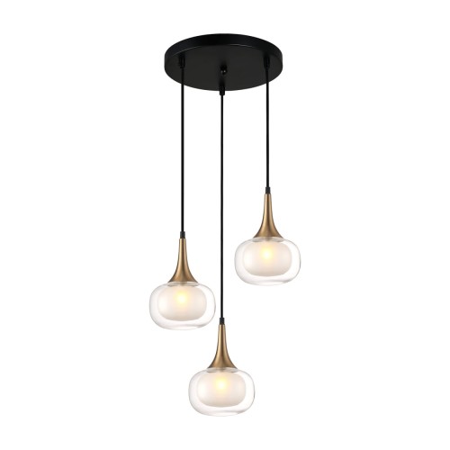 Lampa wisząca KONILA Italux PND-99709-3A-BRO-CL łączy mosiężne detale, czarne przewody i podwójne szklane klosze. Trzy oprawki G9, średnica 36 cm, wysokość 120 cm. Eleganckie oświetlenie nad stół, do salonu i jadalni. IP20.