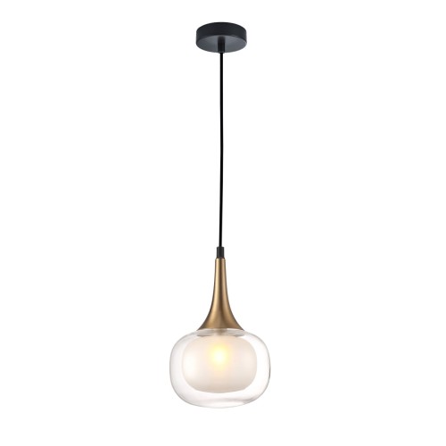 Lampa wisząca KONILA 1×G9 Italux PND-99709-1-BRO-CL łączy mosiężny detal, czarne zawieszenie i podwójny szklany klosz. Do sypialni, nad szafkę nocną lub barek. Średnica 16 cm, wysokość całkowita 105 cm, maks. 10 W, IP20.