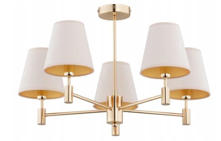Lampa sufitowa ASTRIT 5xE14 marki Alfa w eleganckim złotym kolorze z kremowymi abażurami. Stylowe oświetlenie do salonu, jadalni czy sypialni. Wykonana z metalu i tkaniny, współpracuje z LED, średnica 61 cm, wysokość 38 cm, IP20