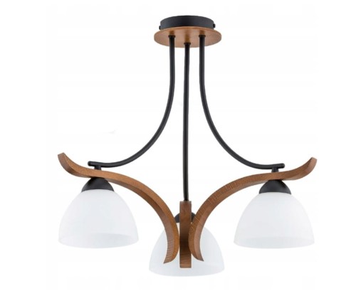 Lampa sufitowa BAFIA 3xE27 Alfa to eleganckie połączenie czerni, drewna orzechowego i białych kloszy. Idealna do salonu, jadalni i sypialni. Zapewnia przytulne, równomierne oświetlenie i ponadczasowy styl.
