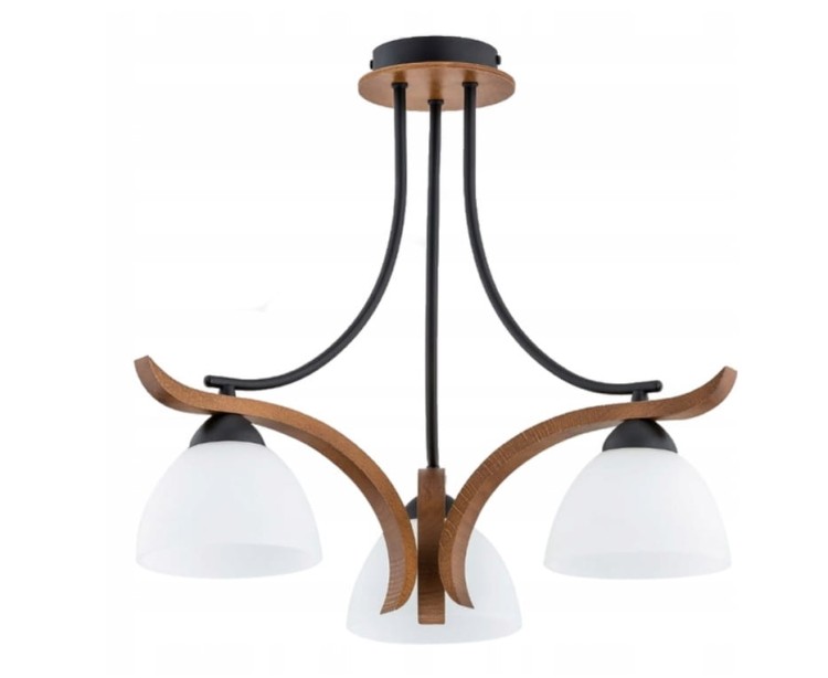Lampa sufitowa BAFIA 3xE27 Alfa to eleganckie połączenie czerni, drewna orzechowego i białych kloszy. Idealna do salonu, jadalni i sypialni. Zapewnia przytulne, równomierne oświetlenie i ponadczasowy styl.