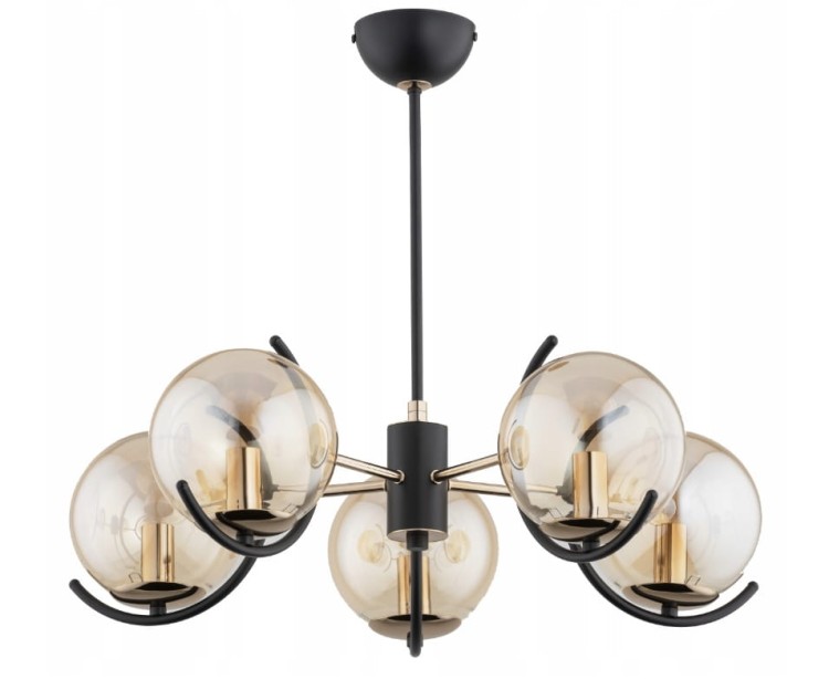 Lampa sufitowa AVERS 5xE14 marki Alfa w kolorze czarnym ze złoto-miedzianymi detalami i szklanymi kloszami to elegancki żyrandol o wymiarach 60x48 cm. Pięć opraw E14 do 40W zapewnia jasne, stylowe oświetlenie do salonu, jadalni i sypialni.
