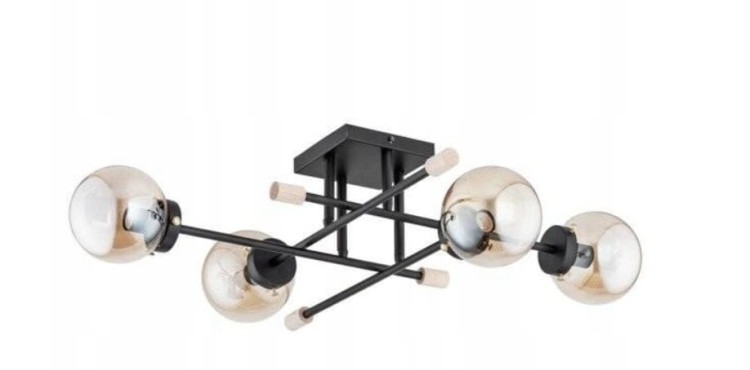 Lampa sufitowa Alfa TRANSFER MAX 4xE14 w kolorze czarnym z bursztynowymi kulistymi kloszami, idealna do nowoczesnych i loftowych wnętrz.