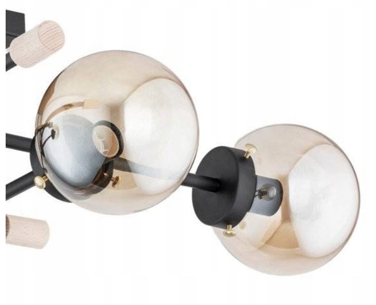 Nowoczesna lampa sufitowa Alfa 25364 z czarną, metalową konstrukcją i bursztynowymi szklanymi kulami, długość 85 cm