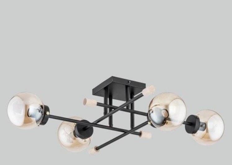Stylowa lampa sufitowa z kolekcji TRANSFER MAX, czarna z bursztynowymi kulistymi kloszami, elegancka dekoracja do wnętrz industrialnych.