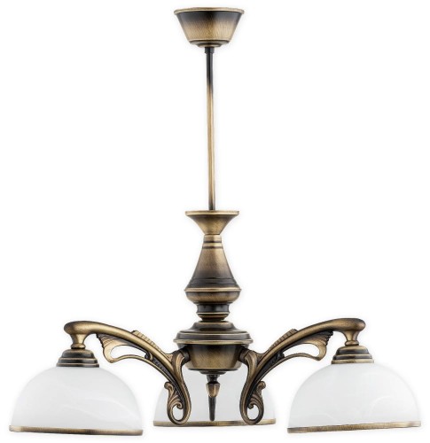 Żyrandol klasyczny HERMES 3x60W w kolorze patyna, zawieszony na suficie w eleganckim salonie. Trzy szklane klosze z białego alabastru, stylowa armatura i ciepłe światło tworzą przytulną atmosferę we wnętrzu z kominkiem, dużymi oknami i nakrytym stołem