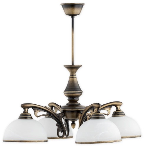 Żyrandol klasyczny HERMES 4x60W patyna Lemir to elegancka lampa sufitowa z 4 kloszami z białego alabastru. Wykonana ze stali i odlewu ZNAL, o średnicy 65 cm. Stylowa armatura w kolorze patyna doskonale pasuje do klasycznych i stylowych wnętrz
