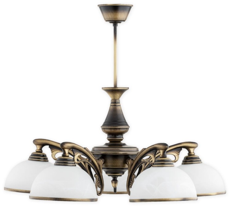 Żyrandol klasyczny HERMES 5x60W patyna Lemir to elegancka lampa sufitowa z pięcioma kloszami z białego alabastru. Wykonana ze stali i odlewu ZNAL, idealna do salonu, jadalni i sypialni. Stylowa armatura w kolorze patyna podkreśla klasyczny charakter