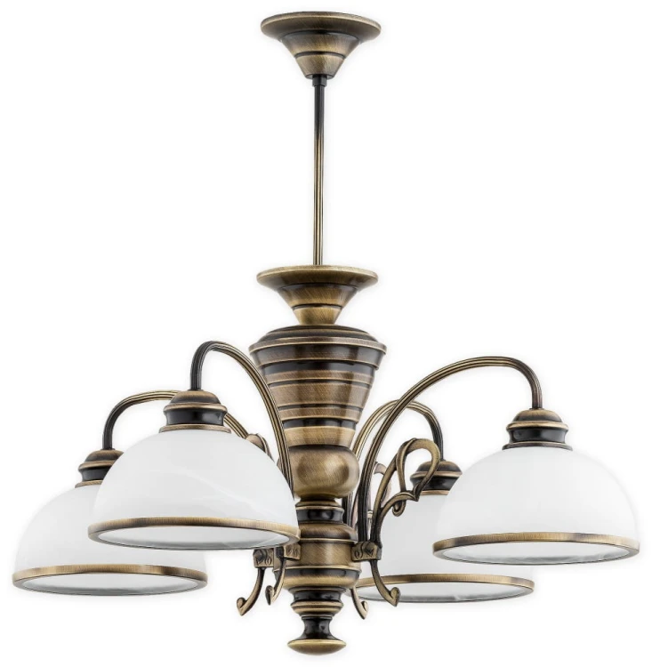 Żyrandol LAMBDA LEMIR O3174 W4 PAT w kolorze patyny. Cztery białe klosze ze szkła alabastrowego do salonu i jadalni. Szerokość 65 cm, wysokość 60 cm, 4×E27 maks. 60W na żarówkę. Podział światła 2+2. Żarówki do kupienia osobno.