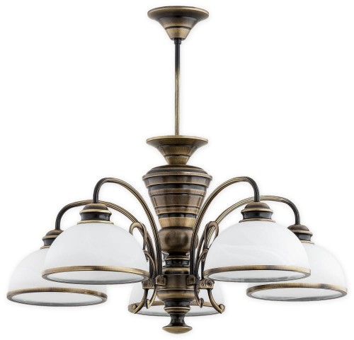 Żyrandol LAMBDA LEMIR O3175 W5 PAT w kolorze patyny. Pięć białych kloszy ze szkła alabastrowego do salonu i jadalni. Wymiary 60×60 cm, 5×E27 maks. 60W na żarówkę, podział światła 3+2. Mocowanie na hak. Żarówki do kupienia osobno.