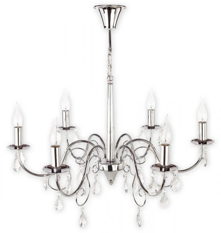 Żyrandol VELIO 6xE14 chrom Lemir O1956 CH to elegancka lampa glamour z kryształowymi zawieszkami. Chromowana armatura i sześć źródeł światła tworzą efektowną dekorację salonu, jadalni oraz stylowej sypialni