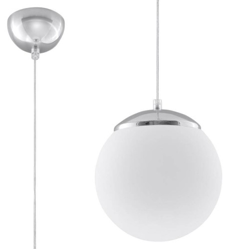Lampa wisząca UGO 20 cm Sollux SL.0263 zachwyca białym, kulistym kloszem z mlecznego szkła i chromowanym wykończeniem. Oprawa 1xE27 sprawdzi się nad stołem, wyspą kuchenną, w salonie, sypialni lub przedpokoju.