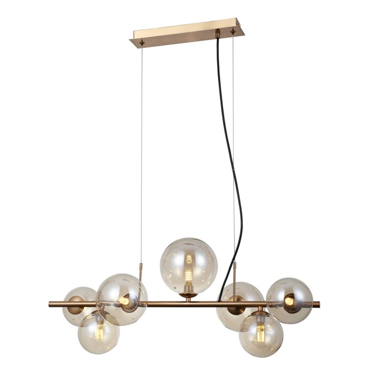 Lampa sufitowa CANELLO Italux 7xG9 w kolorze mosiądzu miodowego z bursztynowymi kloszami. Stylowa oprawa wykonana z metalu i szkła, idealna do salonu, jadalni i kuchni. Regulowana wysokość do 150 cm, gwarancja 2 lata