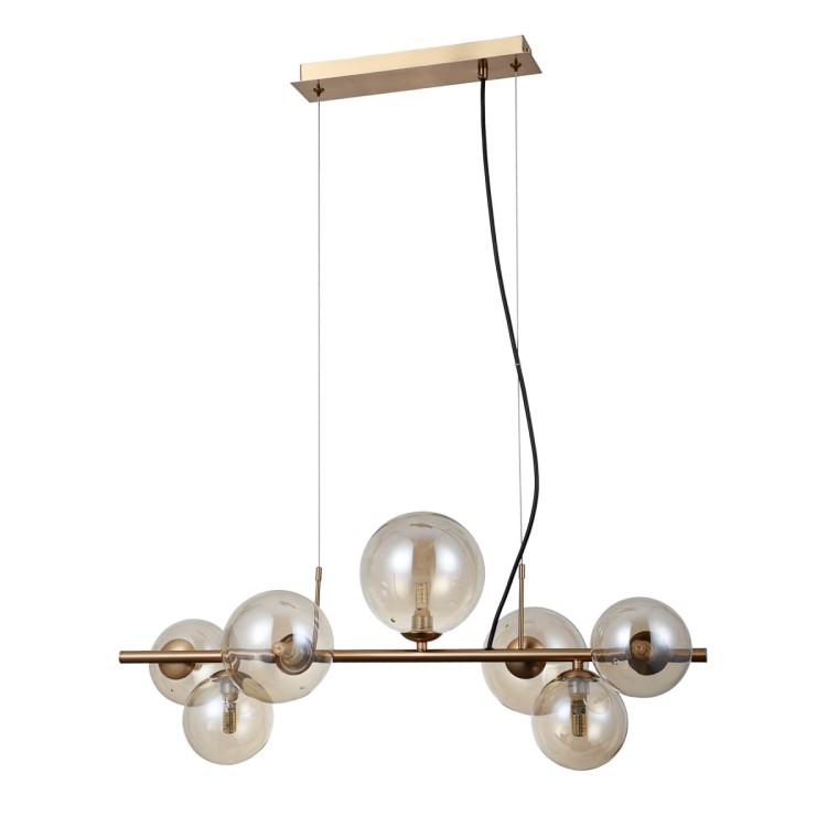 Lampa sufitowa CANELLO Italux 7xG9 w kolorze mosiądzu miodowego z bursztynowymi kloszami. Stylowa oprawa wykonana z metalu i szkła, idealna do salonu, jadalni i kuchni. Regulowana wysokość do 150 cm, gwarancja 2 lata