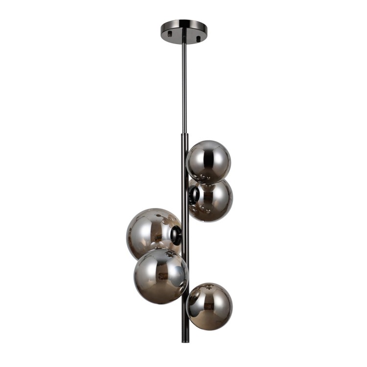 Lampa sufitowa CANELLO Italux 5xG9 w kolorze czarnego chromu z dymionymi, szklanymi kulami. Nowoczesna oprawa wykonana z metalu i szkła, idealna do salonu, jadalni czy sypialni. Wysokość całkowita 75,5 cm. Gwarancja producenta 2 lata