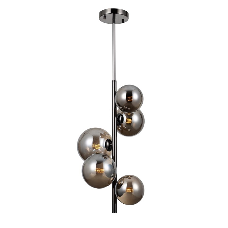 Lampa sufitowa CANELLO Italux 5xG9 w kolorze czarnego chromu z dymionymi, szklanymi kulami. Nowoczesna oprawa wykonana z metalu i szkła, idealna do salonu, jadalni czy sypialni. Wysokość całkowita 75,5 cm. Gwarancja producenta 2 lata