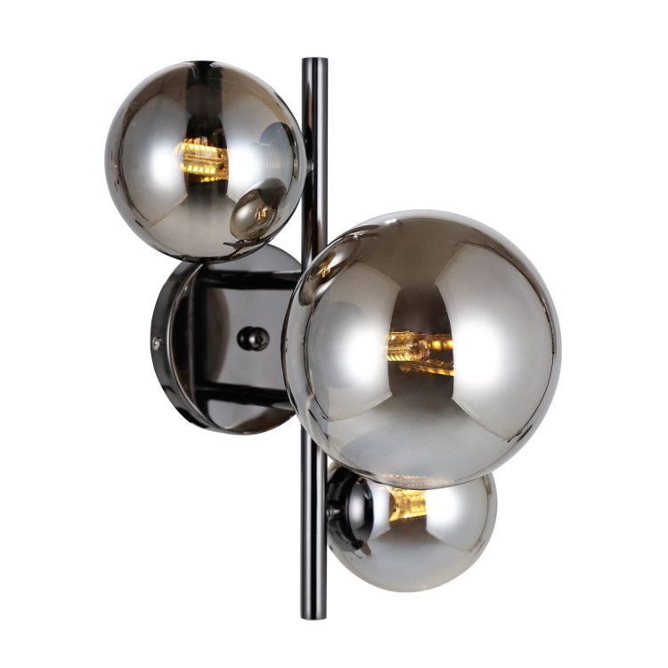 Nowoczesny kinkiet CANELLO Italux w kolorze czarnego chromu z dymionymi kloszami to designerskie oświetlenie ścienne do eleganckich wnętrz. 3 źródła G9, IP20, wysokiej jakości materiały, idealny do salonu i sypialni.