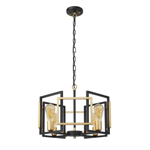 Lampa sufitowa PRIMERO 4xE27 Italux w kolorze czarnym i złotym. Geometryczna stalowa konstrukcja o średnicy 50 cm pasuje do salonu, jadalni i sypialni. Wysokość całkowitą do 164 cm można skrócić podczas montażu.