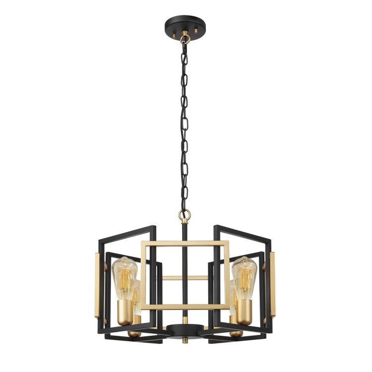 Lampa sufitowa PRIMERO 4xE27 Italux w kolorze czarnym i złotym. Geometryczna stalowa konstrukcja o średnicy 50 cm pasuje do salonu, jadalni i sypialni. Wysokość całkowitą do 164 cm można skrócić podczas montażu.