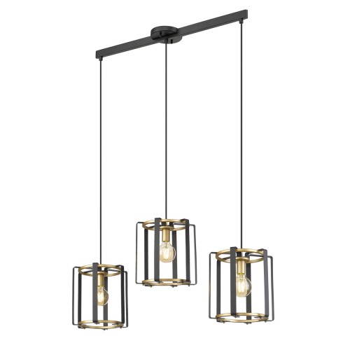 Lampa wisząca PRIMERO 3xE27 Italux w kolorze czarnym i złotym. Stalowe klosze oraz długość 96 cm tworzą efektowne oświetlenie nad stół, wyspę kuchenną lub barek. Model do wnętrz nowoczesnych, loftowych i industrialnych.