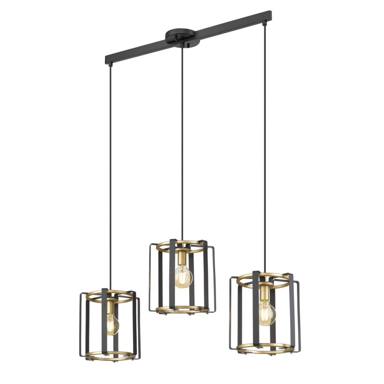 Lampa wisząca PRIMERO 3xE27 Italux w kolorze czarnym i złotym. Stalowe klosze oraz długość 96 cm tworzą efektowne oświetlenie nad stół, wyspę kuchenną lub barek. Model do wnętrz nowoczesnych, loftowych i industrialnych.