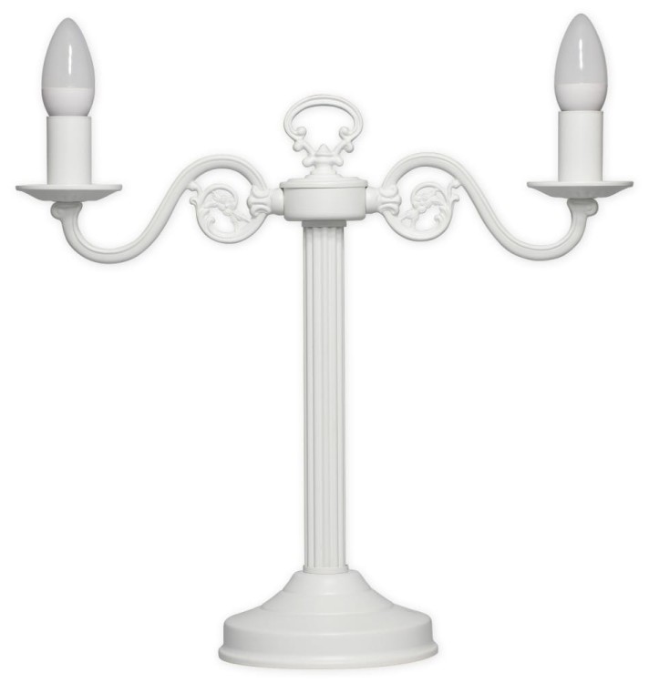 Klasyczna lampa stołowa LEMIR 388 L2 BIA w formie świecznika, wykonana ze stali i ZnAl, w eleganckim białym macie. 2xE14 60W, włącznik na przewodzie, IP20. Idealna do salonu, sypialni i gabinetu. Stylowa, trwała i dekoracyjna – perfekcja w klasyce