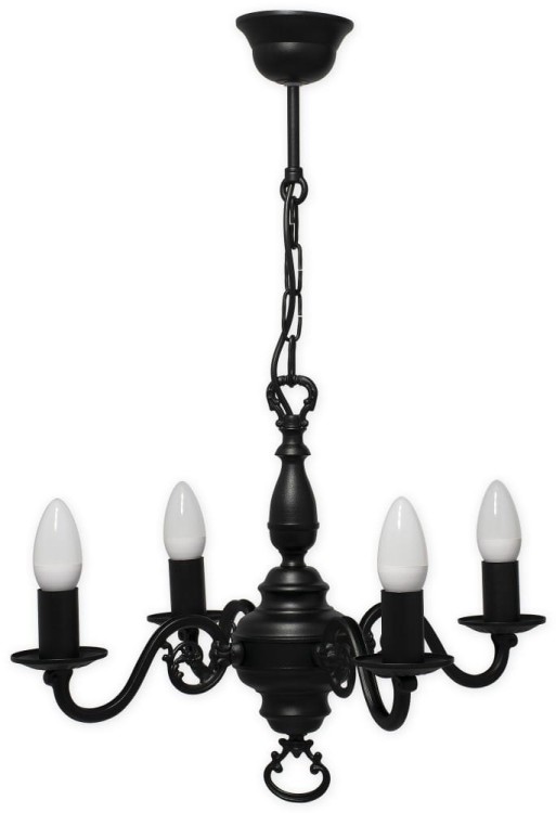 Klasyczny żyrandol Lemir 384/W4 CZA ma 4 oprawki E14 i możliwość zastosowania żarówek LED oraz filamentowych. Czarna lampa o wymiarach 50 × 55 cm sprawdzi się nad stołem, w salonie, sypialni i eleganckim holu.