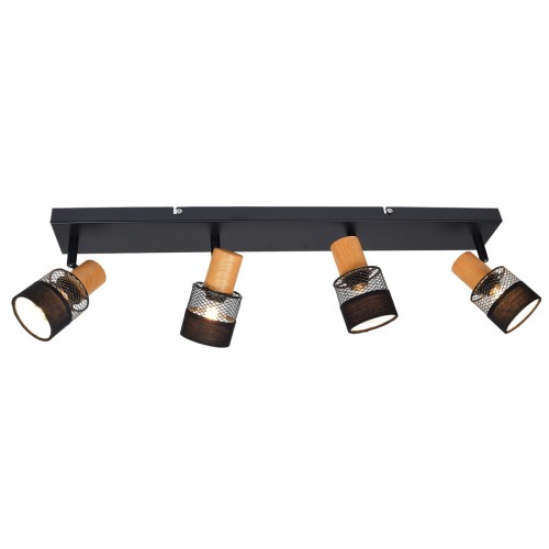 Plafon COLETTA 4xE14 LED Italux łączy matową czerń z drewnem i siatkowymi kloszami. Cztery regulowane reflektory ułatwiają kierowanie światła. Lampa o długości 65 cm sprawdzi się w salonie, kuchni, sypialni lub korytarzu.