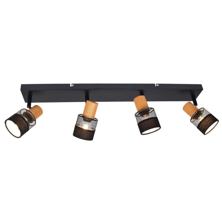 Plafon COLETTA 4xE14 LED Italux łączy matową czerń z drewnem i siatkowymi kloszami. Cztery regulowane reflektory ułatwiają kierowanie światła. Lampa o długości 65 cm sprawdzi się w salonie, kuchni, sypialni lub korytarzu.