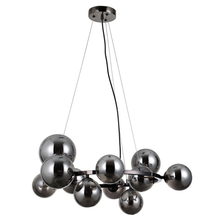 Lampa sufitowa CANELLO Italux 11xG9 w kolorze czarnego matu z dymionymi kulami ze szkła. Designerska oprawa o szerokości 71 cm i wysokości 120 cm, idealna do salonu, jadalni i kuchni. Nowoczesny styl, solidne wykonanie, gwarancja 2 lata