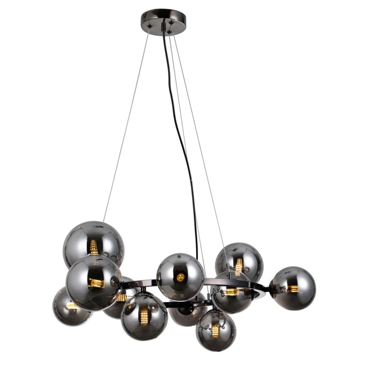 Lampa sufitowa CANELLO Italux 11xG9 w kolorze czarnego matu z dymionymi kulami ze szkła. Designerska oprawa o szerokości 71 cm i wysokości 120 cm, idealna do salonu, jadalni i kuchni. Nowoczesny styl, solidne wykonanie, gwarancja 2 lata