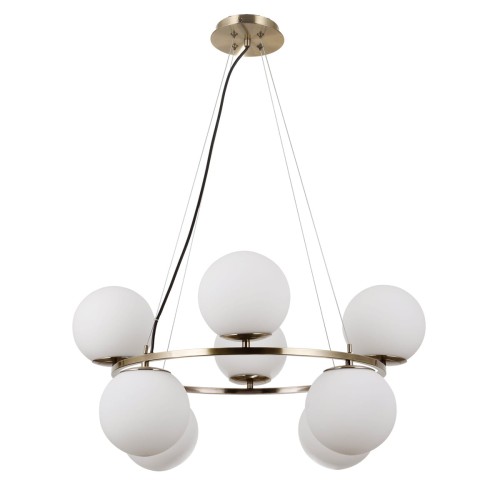 Lampa wisząca LAROSA Italux PND-33453-4-4-ABR ma osiem białych szklanych kul w układzie 4 + 4 oraz armaturę w kolorze patyny. Średnica 65 cm sprawia, że doskonale prezentuje się nad dużym stołem w jadalni.