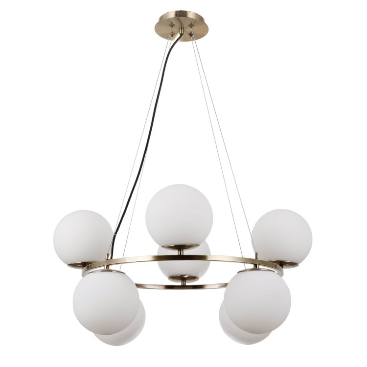 Lampa wisząca LAROSA Italux PND-33453-4-4-ABR ma osiem białych szklanych kul w układzie 4 + 4 oraz armaturę w kolorze patyny. Średnica 65 cm sprawia, że doskonale prezentuje się nad dużym stołem w jadalni.
