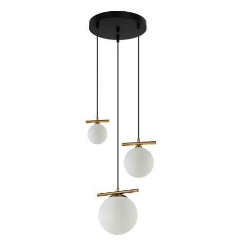 Lampa sufitowa MERSETA 3xE14 Italux zachwyca trzema białymi kulami opal zawieszonymi kaskadowo. Detale w kolorze antycznego brązu podkreślają jej elegancki wygląd. Idealna nad stół, wyspę kuchenną lub do salonu.