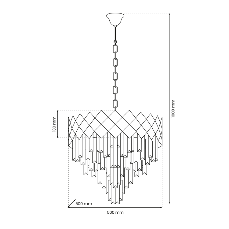 Srebrny żyrandol CARISMA Milagro ML8889 ma 50 cm średnicy i dziewięć punktów świetlnych E14. Geometryczny motyw rombów oraz podłużne kryształy tworzą efektowną lampę nad stół i do eleganckiego salonu.