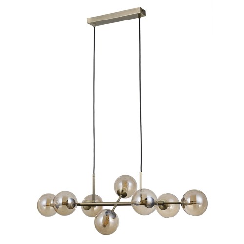 Lampa wisząca ERIMIDA 8xG9 marki Italux z ośmioma bursztynowymi kulami i konstrukcją w kolorze antycznego brązu. Podłużny model o długości 84 cm doskonale sprawdzi się nad stołem, wyspą kuchenną lub barkiem.