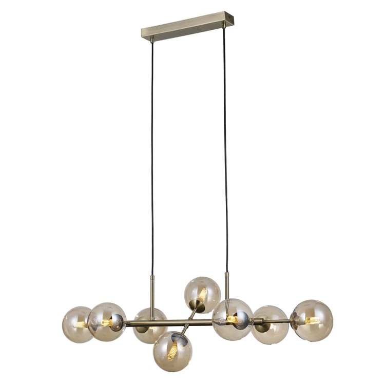 Lampa ERIMIDA Italux 8xG9 łączy antyczny brąz z ośmioma kulami z bursztynowego szkła. Długość 84 cm i regulowana wysokość do 150 cm sprawiają, że model efektownie oświetli stół w jadalni, wyspę kuchenną lub barek.