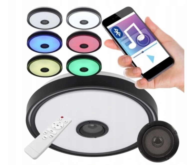 Plafon LED RGB 46W z głośnikiem Bluetooth i pilotem to inteligentna lampa sufitowa 2w1. Oferuje 16 mln kolorów, ściemnianie, sterowanie aplikacją iLink, pilotem lub przełącznikiem. Wbudowany głośnik 5W pozwala słuchać muzyki z telefonu, komputera czy TV.