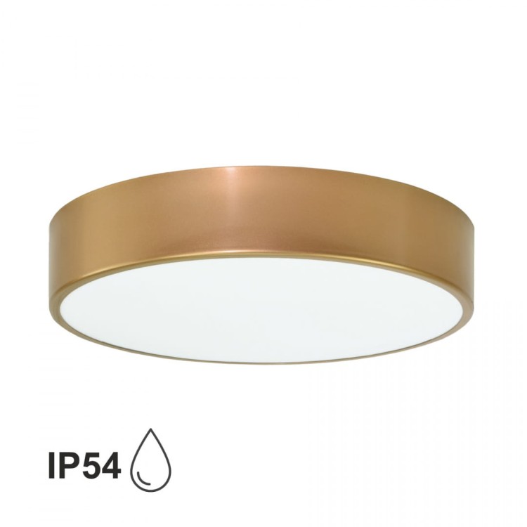 Plafon CLEO 40 cm złoty marki Temar z kloszem mlecznym i systemem mocowania TWIST to elegancka i funkcjonalna lampa sufitowa. Wyposażona w 3x E27 24W, IP54 – idealna do łazienki, kuchni, garażu czy warsztatu. Estetyczny design i wysoka trwałość