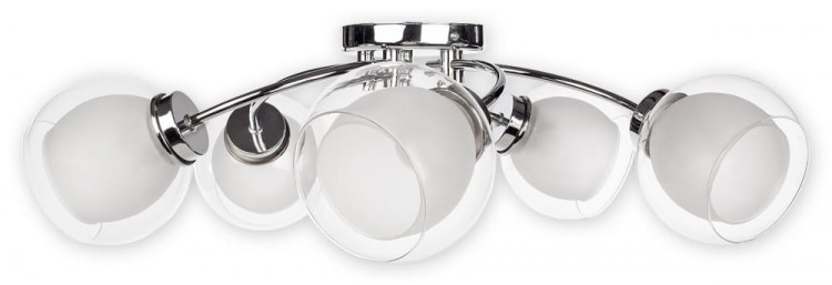 Plafon DEXY O2045 P5 CH marki Lemir to elegancka lampa sufitowa z pięcioma podwójnymi kloszami ze szkła. Chromowana konstrukcja i praktyczny podział świecenia 3+2 sprawiają, że doskonale sprawdzi się w salonie, jadalni i sypialni.