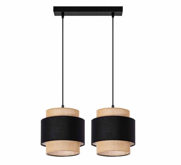Nowoczesna lampa LUNA 2xE27 z podwójnym abażurem łączy elegancką czerń z ciepłym kolorem juty. Idealna do wnętrz w stylu boho, eko lub scandi – doda im naturalnego uroku i lekkości.