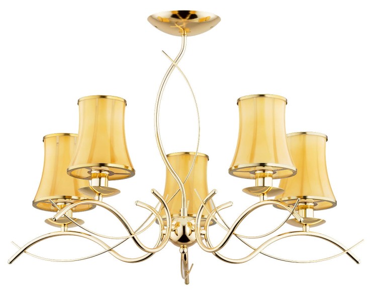 Żyrandol MONZA ART 63173 Alfa – elegancka lampa sufitowa w złotym kolorze z bursztynowymi abażurami. 5x E14 40W, średnica 70 cm, wysokość 47 cm. Polska produkcja, klasyczny styl i ciepłe światło do salonu, jadalni czy sypialni