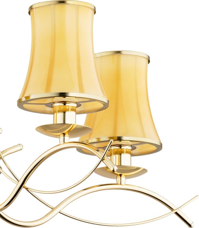 Żyrandol MONZA ART 63173 Alfa – elegancka lampa sufitowa w złotym kolorze z bursztynowymi abażurami. 5x E14 40W, średnica 70 cm, wysokość 47 cm. Polska produkcja, klasyczny styl i ciepłe światło do salonu, jadalni czy sypialni