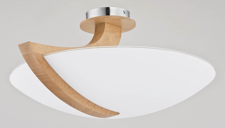 Nowoczesny plafon CALMI 3xE14 Alfa łączy ciepły wygląd drewna z bielą szkła. Doskonały do wnętrz w stylu skandynawskim i minimalistycznym. Zapewnia jasne, przyjemne światło i stylową dekorację pomieszczenia. IP20, średnica 54 cm.