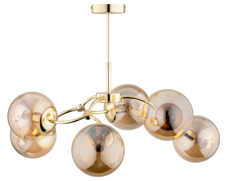 Lampa sufitowa AVANTI 6xE14 Alfa to eleganckie oświetlenie w kolorze złotym z bursztynowymi kulami. Idealna do salonu i jadalni. Zapewnia ciepłe, nastrojowe światło i nowoczesny efekt dekoracyjny.