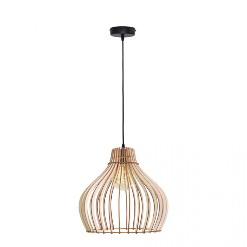 Lampa wisząca BARREL Ø38 cm z ażurowym kloszem ze sklejki topolowej. Naturalne drewno i czarne elementy pasują do wnętrz boho, japandi i skandynawskich. Oprawa 1xE27 sprawdzi się nad stołem lub wyspą kuchenną.
