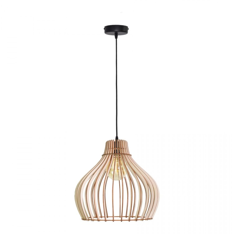 Lampa wisząca BARREL Ø38 cm z ażurowym kloszem ze sklejki topolowej. Naturalne drewno i czarne elementy pasują do wnętrz boho, japandi i skandynawskich. Oprawa 1xE27 sprawdzi się nad stołem lub wyspą kuchenną.