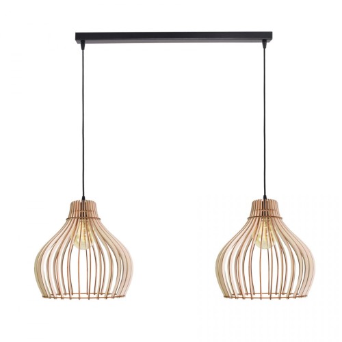 Lampa wisząca BARREL 2xE27 marki Temar łączy naturalne drewno z nowoczesną czarną listwą. Dwa ażurowe klosze ze sklejki topolowej pięknie prezentują się nad stołem, wyspą lub barkiem. Regulowana wysokość 50–80 cm, średnica klosza 38 cm. Nad stół i wyspę.