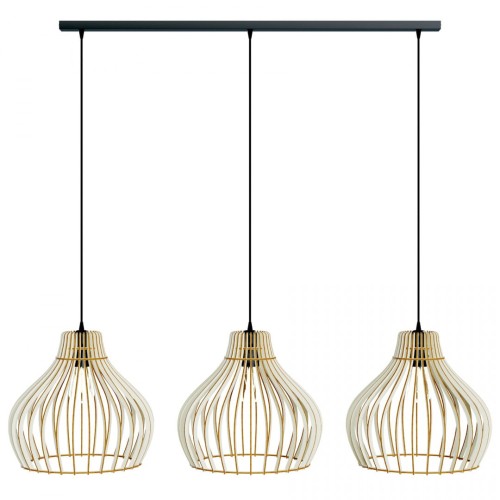 Lampa wisząca BARREL 3xE27 marki Temar ma trzy ażurowe klosze z jasnobrązowej sklejki topolowej. Szerokość 95 cm i regulowana wysokość 50–120 cm sprawiają, że doskonale pasuje nad długi stół, wyspę kuchenną lub barek. Średnica klosza 38 cm, IP20. Do domu.